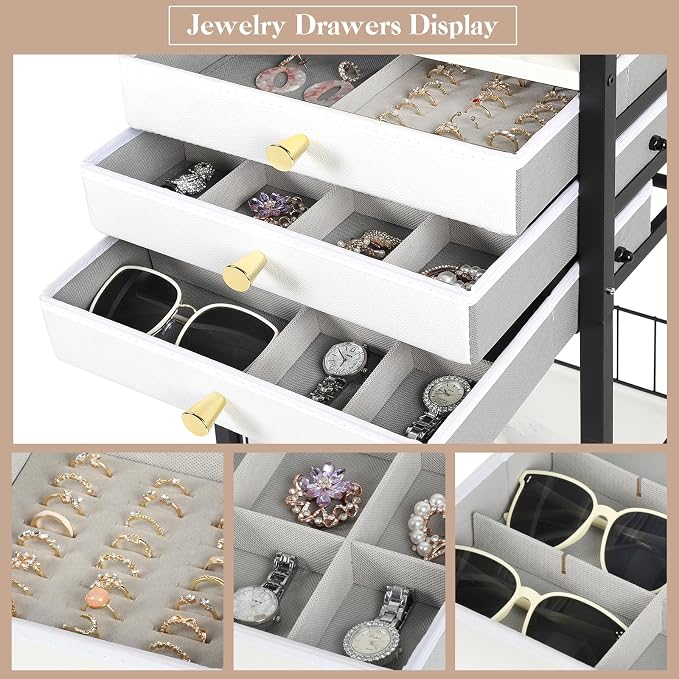 Keebofly Large Floor Jewelry Organizer Stand with 3 Drawers - Black | Mobile Jewelry Tower Holder with Display, Large Capacity Rack for Necklaces & Rings, Perfect Storage Gift for Women