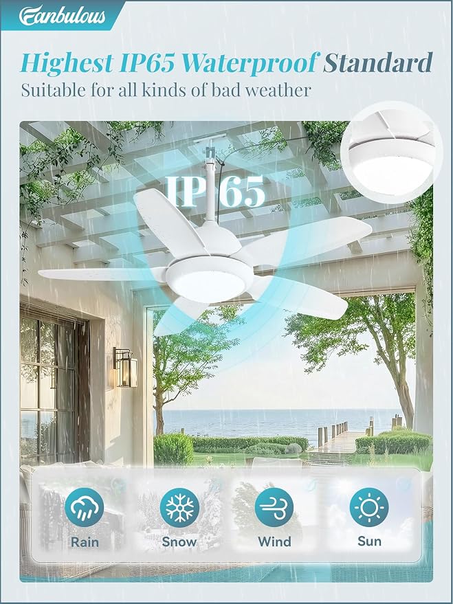 Fanbulous 42 Inch Waterproof Outdoor Ceiling Fan with Light for patio,White | IP65 Wet Rated, 3CCT Dimmable Light,Remote Control,6-Speed DC Motor, Plug-in Cord, Hanging Hook for Gazebo, Porch, Pergola.