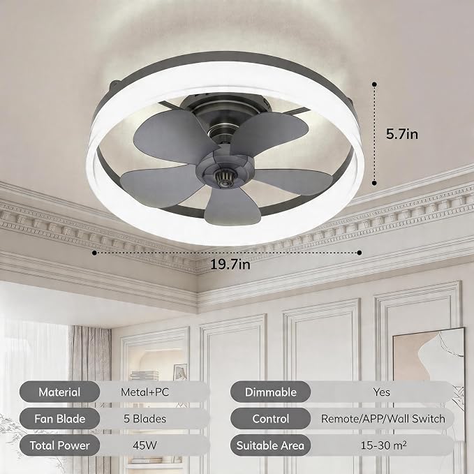 Ceiling Fans with Lights and Remote, 19.7" Dimmable LED, Black | Low Profile Ceiling Fan with Light, 6-Speed Reversible DC Motor, 3000K-6000K Fandelier for Bedroom, Living Room