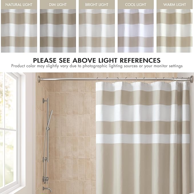 Madison Park Shower Curtain, Waffle Weave, Pieced Design Fabric Shower Curtain with 3M Scotchgard Moisture Management, Premium Spa Quality Modern Shower Curtains for Bathroom, Tall 72"x84" Taupe