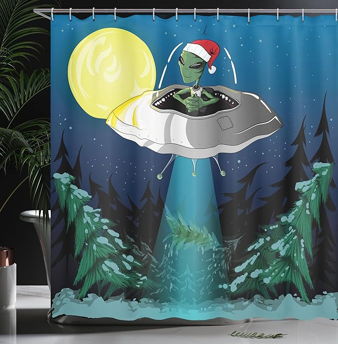 Ambesonne Outer Space Shower Curtain, Alien Santa Claus Hat naps a Tree with Ornaments Night Airship Print, Cloth Fabric Bathroom Decor Set with Hooks, 69" W x 70" L, Green Blue