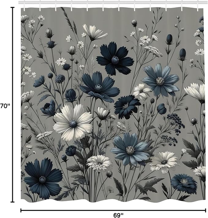 Ambesonne Navy Blue Shower Curtain, Spring Night Cottagecore Vintage Style Floral Arrange Wildflowers, Cloth Fabric Bathroom Decor Set with Hooks, 69" W x 70" L, Coconut Dark Petrol Blue