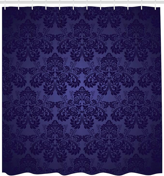 Ambesonne Dark Purple Shower Curtain, Royal Floral Damask Motifs Antique Design Vintage Victorian Print, Cloth Fabric Bathroom Decor Set with Hooks, 69" W x 75" L, Dark Blue