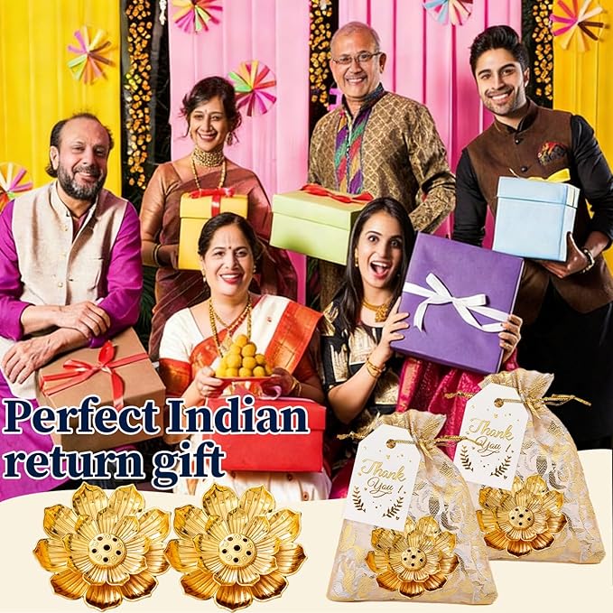 60Set Return Gifts for Pooja, Lotus Incense Holder, Indian Return Gifts for Pooja Bulk, Gold Lotus Incense Sticks Holder with Organza Bags & Thank You Cards, Diwali Party Favors