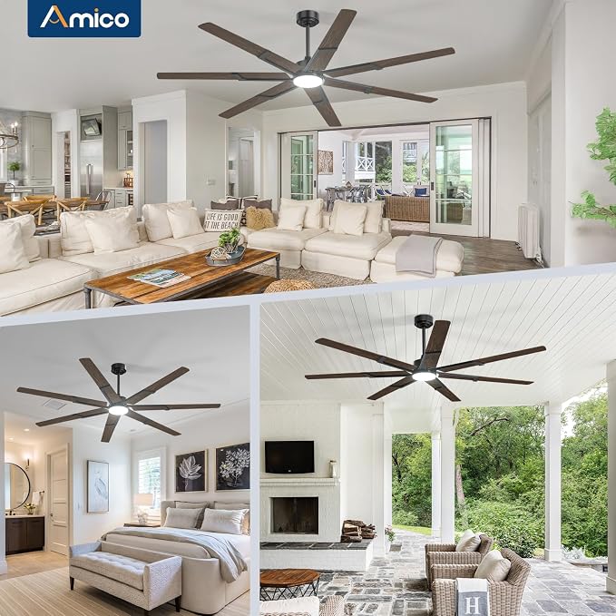Amico Ceiling Fans with Lights,74 inch Walnut Ceiling fan with Light and Remote, 6 Speed Reversible DC Motor, 3CCT, Dimmable, Quiet, Timer, Outdoor Ceiling Fan for Patio, Living room, Indoor/Outdoor