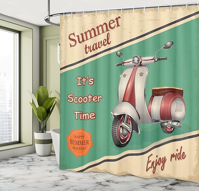 Ambesonne Vintage Shower Curtain, Scooter Motorbike Summer Travel Italian City Sight Hipster Enjoy Ride Illustration, Cloth Fabric Bathroom Decor Set with Hooks, 69" W x 70" L, Eggshell Teal Apricot