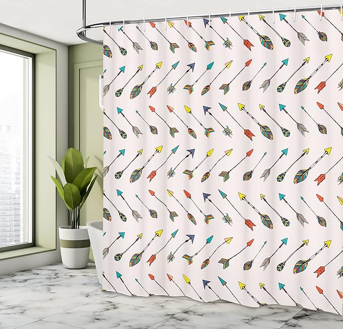 Ambesonne Arrows Shower Curtain, Arrows Design Vibrant Color Arrowheads Arrowtails Pattern Aztec Artwork, Cloth Fabric Bathroom Decor Set with Hooks, 69" W x 70" L, Orange Yellow Turquoise