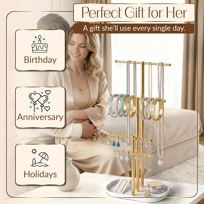 Jewelry Tower Stand Organizer for Women - Elegant Jewelry Holder Display with Necklace Holder, Earring Organizer & Bracelet Rack - Tabletop Jewelry Stand for Dresser, Vanity, Desk