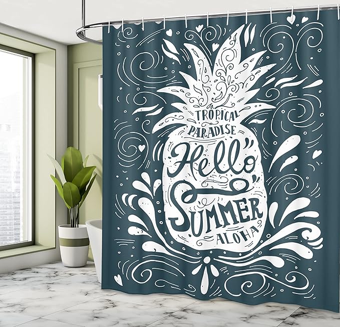 Ambesonne Summer Shower Curtain, Print Hello Summer Aloha with a Pineapple Summertime Tropic Exotic Warm Weather, Cloth Fabric Bathroom Decor Set with Hooks, 69" W x 75" L, White Black