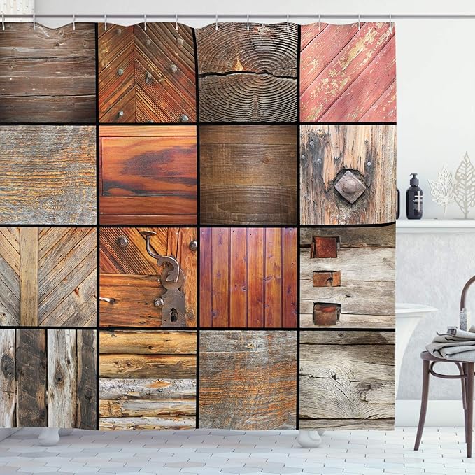 Ambesonne Antique Shower Curtain, Assortment of Different Wooden Architecture Elements Timber Door Key Print, Cloth Fabric Bathroom Decor Set with Hooks, 69" W x 75" L, Chocolate Brown