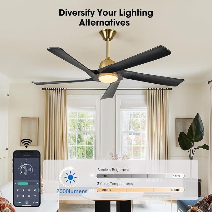 60 Inch Solid Wood Ceiling Fan with Light, Remote and APP Control, 3-color Dimmable, DC Motor, 6-speed Reversible,Outdoor/Indoor Ceiling Fans for Bedroom, Living Room, Black Gold