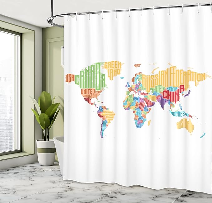 Ambesonne World Map Shower Curtain, Colorful Map with Names of Countries Print, Cloth Fabric Bathroom Decor Set with Hooks, 69" W x 70" L, Red Orange