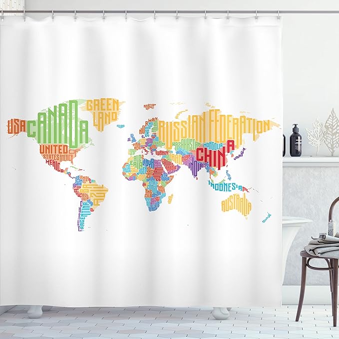 Ambesonne World Map Shower Curtain, Colorful Map with Names of Countries Print, Cloth Fabric Bathroom Decor Set with Hooks, 69" W x 70" L, Red Orange