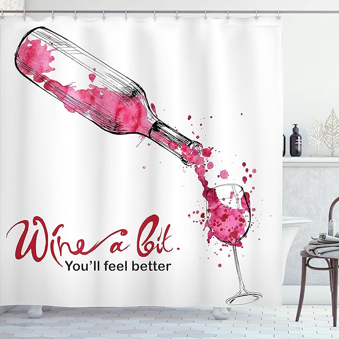Ambesonne Wine Shower Curtain, Wine a Bit You Feel Better Inspirational Words Bottle Pouring Sketch Art, Cloth Fabric Bathroom Decor Set with Hooks, 69" W x 84" L, Pink Dark Coral Black