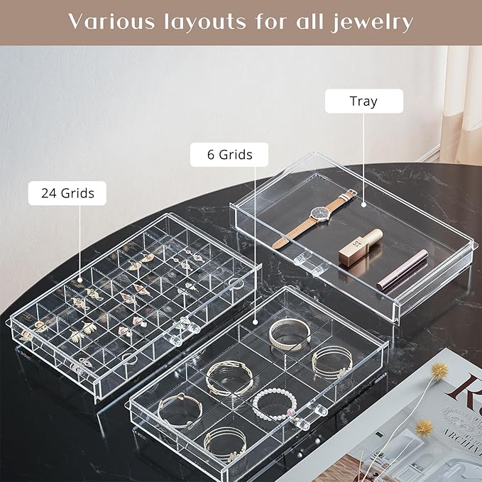 ProCase Acrylic Earrings Holder Organizer Box -Clear, 10 Layers | 158 Jewelry Storage Grid Large Clear Compartments Transparent Stackable Drawers Jewelry Display for Earring Ring Bracelet