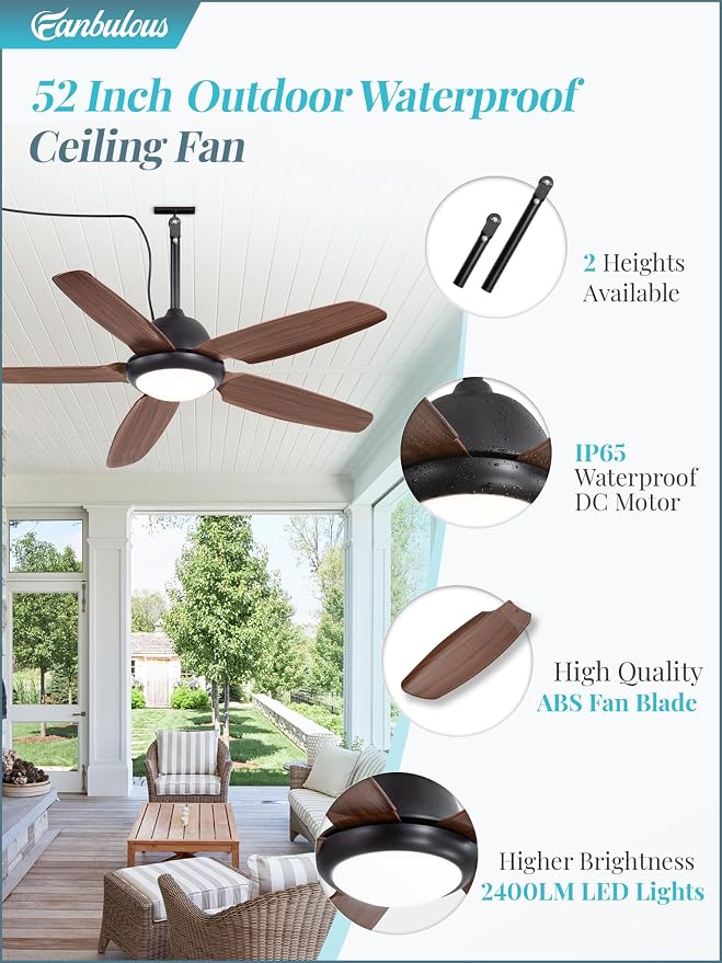 Fanbulous 52 Inch Waterproof Outdoor Ceiling Fan with Light for patio,Brown | IP65 Wet Rated, 3CCT Dimmable Light,Remote Control,6-Speed DC Motor, Plug-in Cord, Hanging Hook for Gazebo, Porch, Pergola.