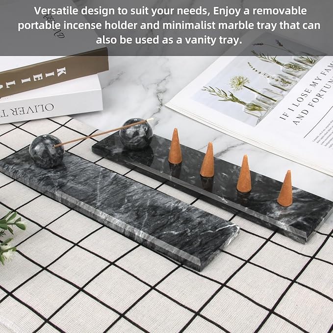 Marble Incense Holder Tray Incense Burner Modern Minimalist Home Deco and Desk Incense Holder for Sticks (Grey Black)