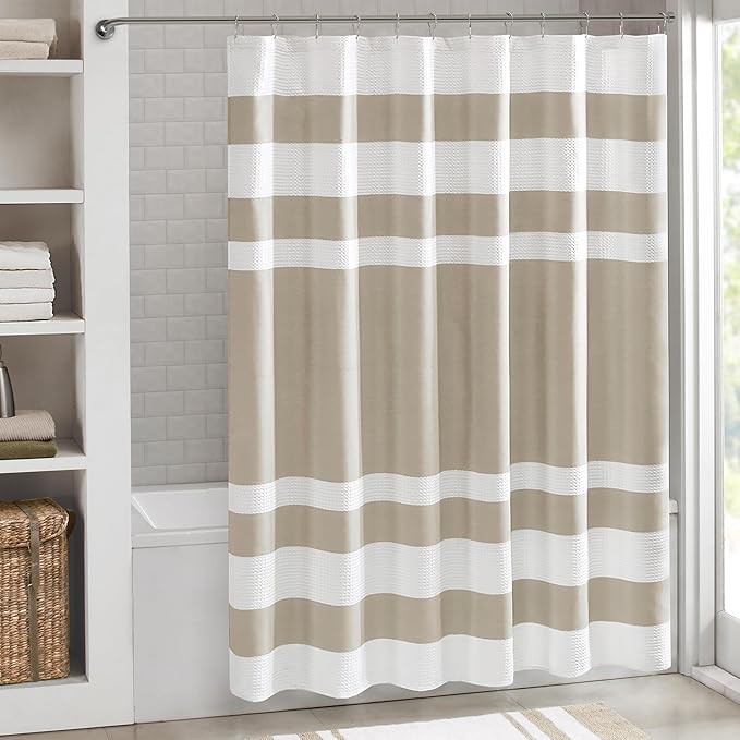 Madison Park Shower Curtain, Waffle Weave, Pieced Design Fabric Shower Curtain with 3M Scotchgard Moisture Management, Premium Spa Quality Modern Shower Curtains for Bathroom, Wide 108"x72" Taupe