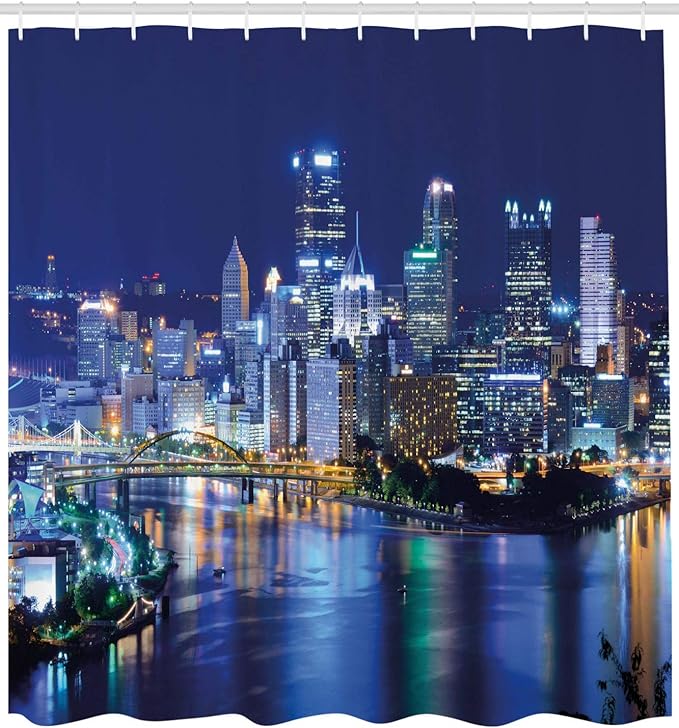 Ambesonne Cityscape Shower Curtain, Skyscrapers Downtown Pittsburgh American Night Skyline Business Town Scenery, Cloth Fabric Bathroom Decor Set with Hooks, 69" W x 70" L, Grey Blue