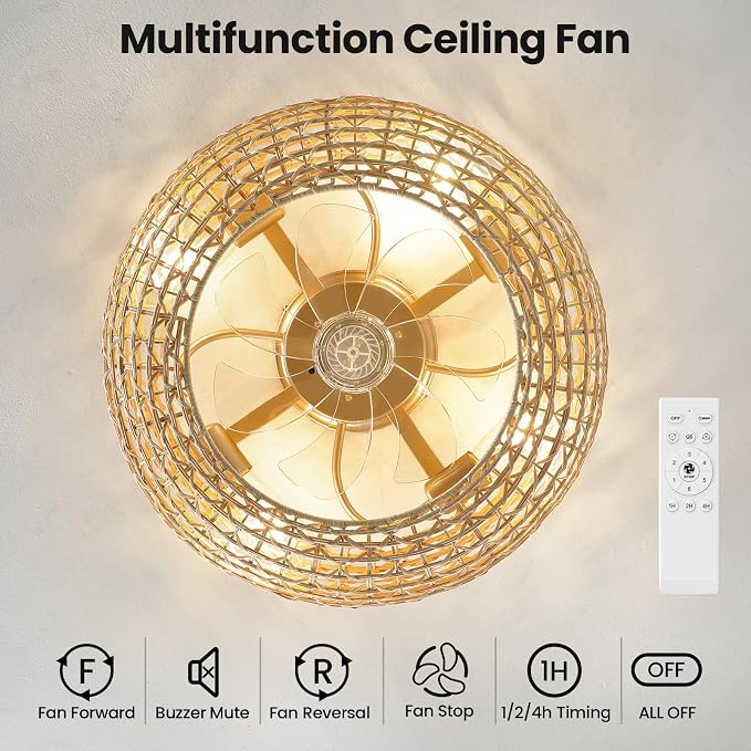 AIJIASI Boho Rattan Ceiling Fan with Light 20 Inch Flush Mount Caged Ceiling Fans with Light and Remote Control Enclosed 6 Speeds Low Profile Ceiling Fan Light for Bedroom Living Room Kitchen