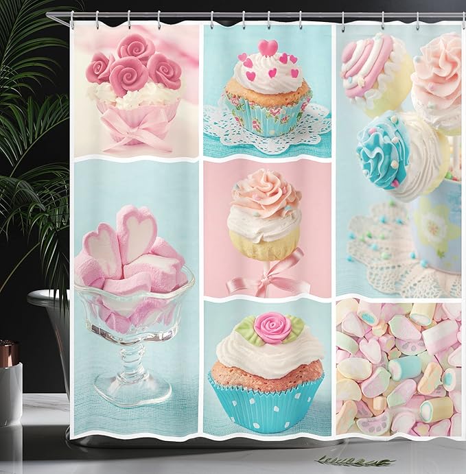 Ambesonne Coffee Shower Curtain, Collage of Cupcakes and Marshmallows in Pastel Colors Photos, Cloth Fabric Bathroom Decor Set with Hooks, 69" W x 70" L, Blue Pink