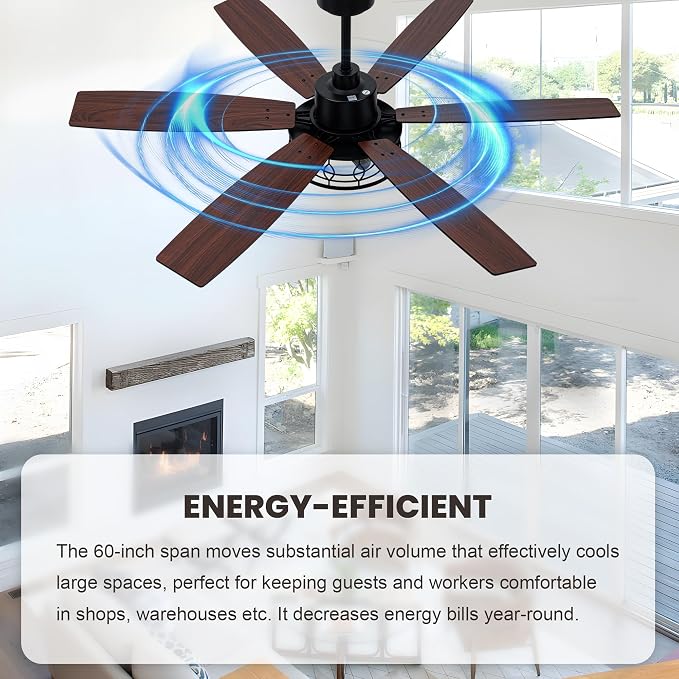 Dawn Whisper Black Ceiling Fans with Lights 60 Inch Farmhouse Ceiling Fan with Remote Quiet Reversible DC Motor 6 Speeds 8 Blades Large Industrial Chandelier Fan for Living Room Bedroom
