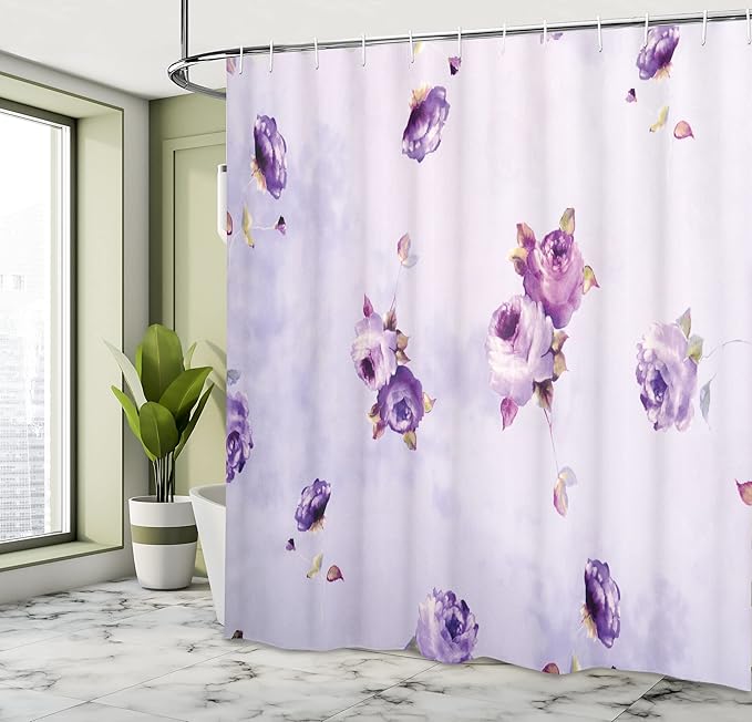 Ambesonne Rose Shower Curtain, Floral Pattern with Mauve Roses in Purple Color Dreamy Clouds Retro Soft Pale Art, Cloth Fabric Bathroom Decor Set with Hooks, 69" W x 75" L, Violet Lilac