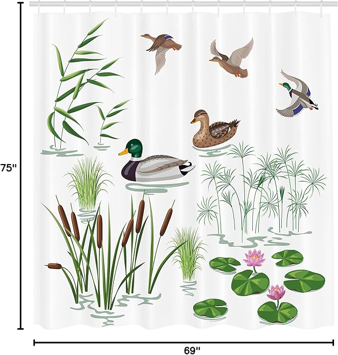 Ambesonne Rubber Duck Shower Curtain, Lake Animals and Plants Lily Flowers Reeds Cane in The Pond Nature Park, Cloth Fabric Bathroom Decor Set with Hooks, 69" W x 75" L, Green White