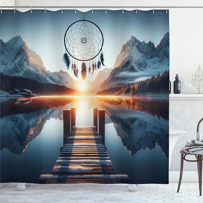 Ambesonne Lake Shower Curtain, Sunset Horizon Snowy Mountains Bohemian Dreamcatcher Peaceful View Wooden Pier, Cloth Fabric Bathroom Decor Set with Hooks, 69" W x 84" L, Slate Blue Orange