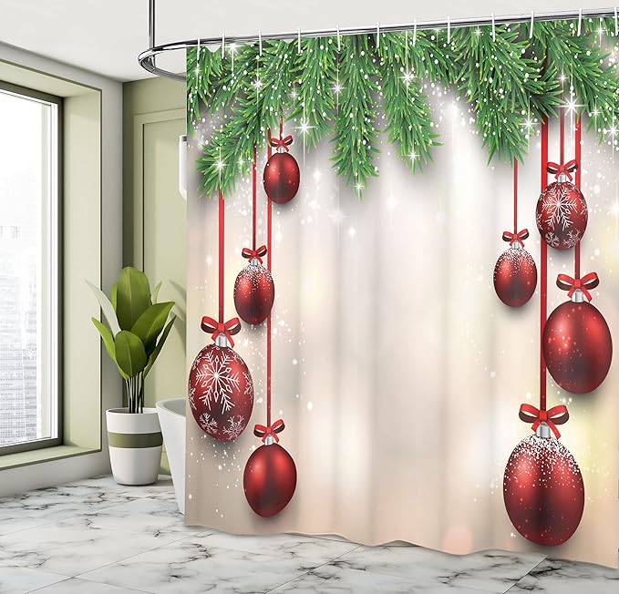 Ambesonne Christmas Shower Curtain, Xmas Traditional Winter Season Theme Fir Twigs and Vibrant Balls Graphic Print, Cloth Fabric Bathroom Decor Set with Hooks, 69" W x 84" L, Green and Red