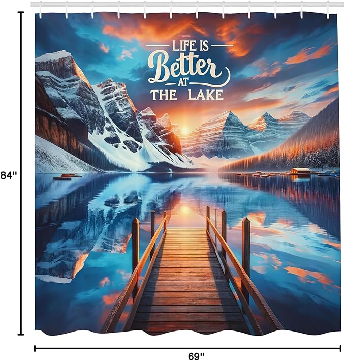 Ambesonne Life is Better at The Lake Shower Curtain, Winter Cabin Scenery Tranquil Mountains Dramatic Clouds, Cloth Fabric Bathroom Decor Set with Hooks, 69" W x 84" L, Orange Azure Blue