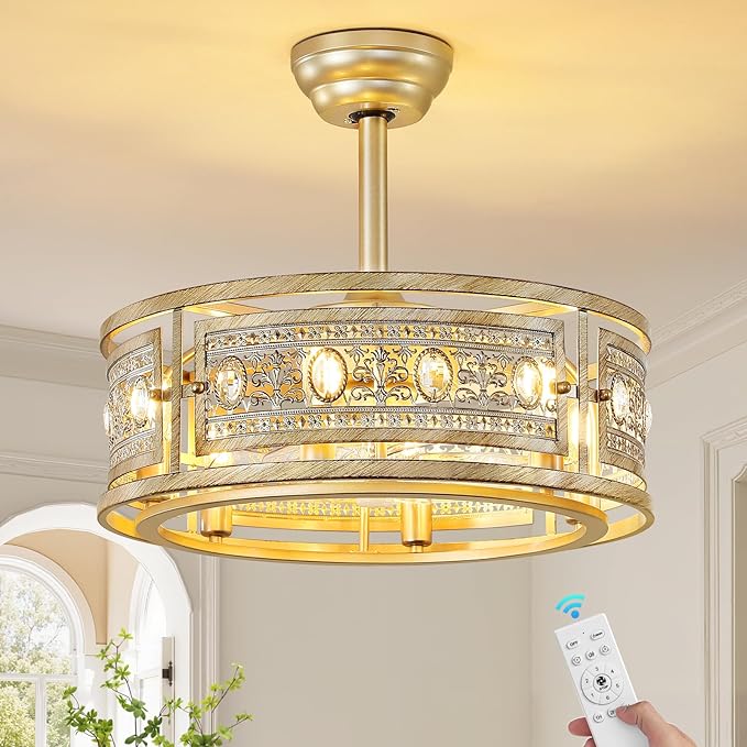 Caged Ceiling Fan with Light and Remote, 19" Vintage Crystal Fandelier, Gold Bladeless Ceiling Fan, Low Profile Ceiling Fan for Bedroom, Farmhouse Chandelier Fan for Living Room