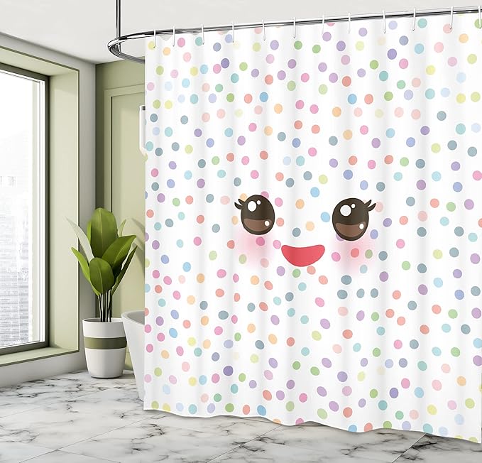 Ambesonne Eyelash Shower Curtain, Kawaii Funny Muzzle Pastel Tone Cheeks and Eyes on Colorful Polka Dots Backdrop, Cloth Fabric Bathroom Decor Set with Hooks, 69" W x 84" L, Brown Multicolor