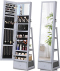 Nicetree 360° Swivel Jewelry Cabinet with Lights, Mirror Jewelry Cabinet Standing, Interior Vanity Mirror, Rotatable Full Length Mirror with Jewelry Storage, Standing Jewelry Armoire Organizer, Grey