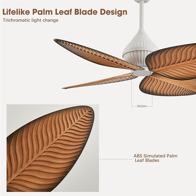 52"White Tropical Ceiling Fans, Flush Mount Palm Leaf Ceiling Fan no Light, Indoor Ceiling Fans without Light for Living Room Bedroom Kitchen Covered Gazebo, APP and Remote Control-Light Wood Grain
