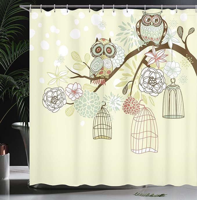 Ambesonne Owls Shower Curtain, Winter Floral Background Blossoms Owls Out of Their Cages Birdcage Freedom, Cloth Fabric Bathroom Decor Set with Hooks, 69" W x 70" L, Green Brown