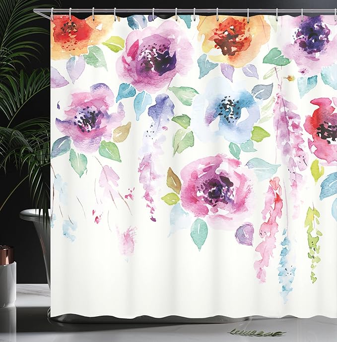 Ambesonne Abstract Shower Curtain, Modern Design of Watercolor Style with The Floral Leaves Seemed Ombre Details of Art Print, Cloth Fabric Bathroom Decor Set with Hooks, 69" W x 84" L, Pink Orange