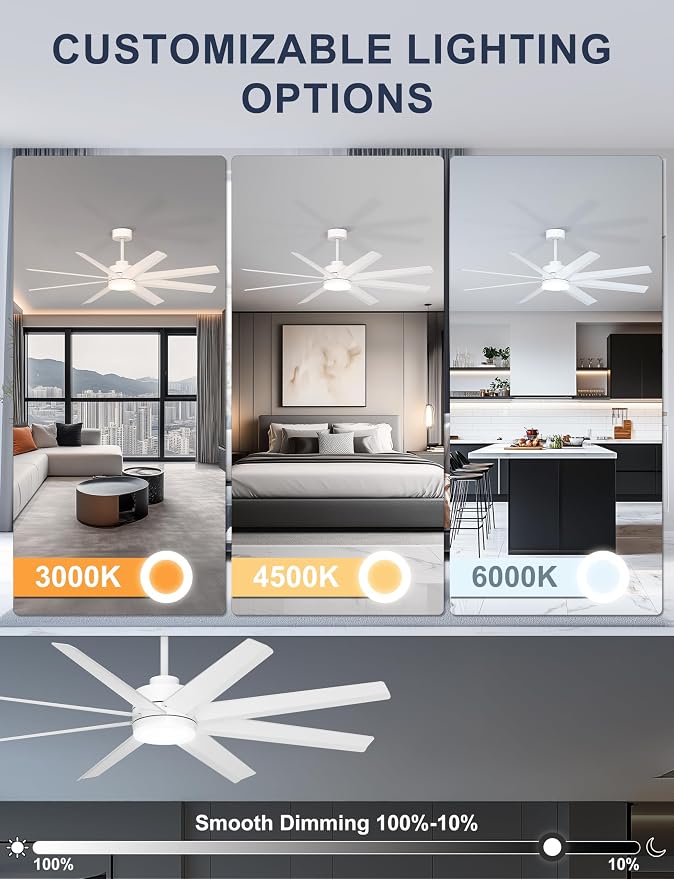 Ohniyou 60" Modern Ceiling Fan with Light for Patio, Porch, Living Room | Remote/App Control, Quiet DC Motor, 3CCT Dimming, Covered Outdoor Fan with 8 ABS Blades, White