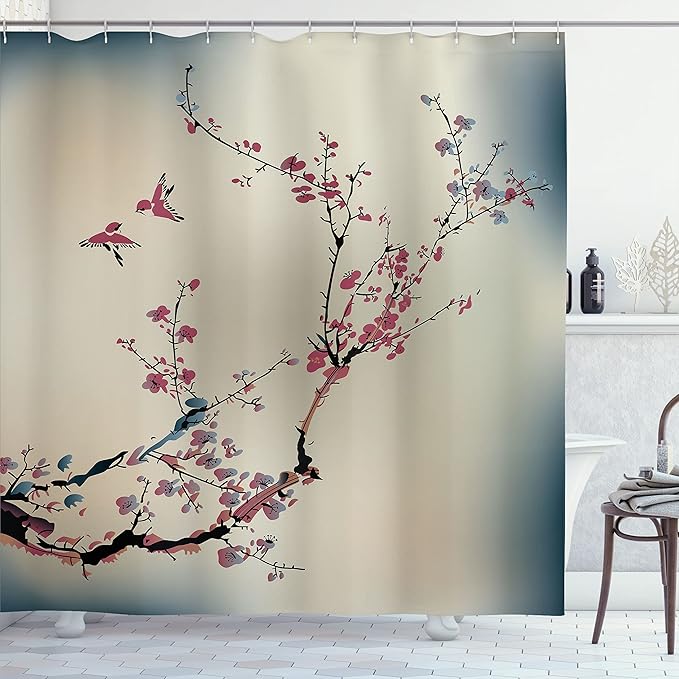 Ambesonne Nature Shower Curtain, Flowers Buds and Birds with Cherry Branches Style Artwork Painting Effect, Cloth Fabric Bathroom Decor Set with Hooks, 69" W x 84" L, Dried Rose
