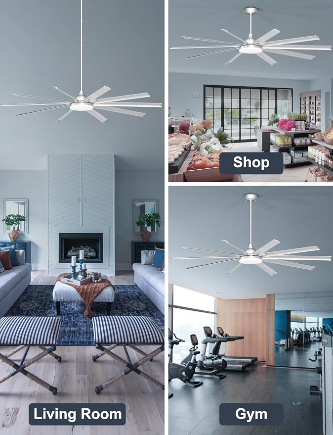 Ohniyou 96" Industrial Ceiling Fan with Bright Lights, High CFM Shop Fan | Remote/App Control, 10 Aluminum Blades, Extra Large Metal Fan for Covered Patio, Gym, Warehouse, Silver
