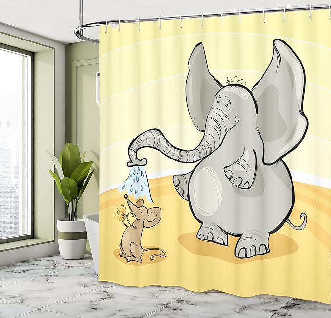 Ambesonne Animal Shower Curtain, Funny Bathing Mouse Trunk in The Desert Cartoon Animal Print, Cloth Fabric Bathroom Decor Set with Hooks, 69" W x 75" L, Grey Yellow Cream