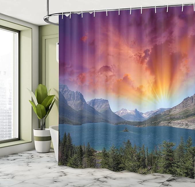 Ambesonne Yosemite Shower Curtain, Dramatic Colorful Sky Over Yosemite National Parks Mountain Lake View Picture, Cloth Fabric Bathroom Decor Set with Hooks, 69" W x 70" L, Purple