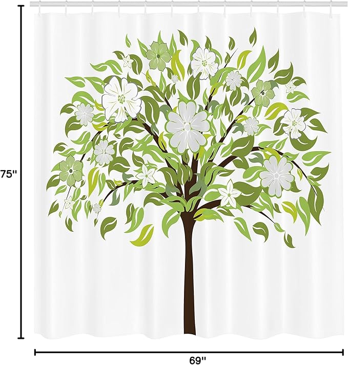 Ambesonne Nature Shower Curtain, Summer Tree with Flourishing Flowers Spring Blossoms Seasonal Print, Cloth Fabric Bathroom Decor Set with Hooks, 69" W x 75" L, Green Brown White