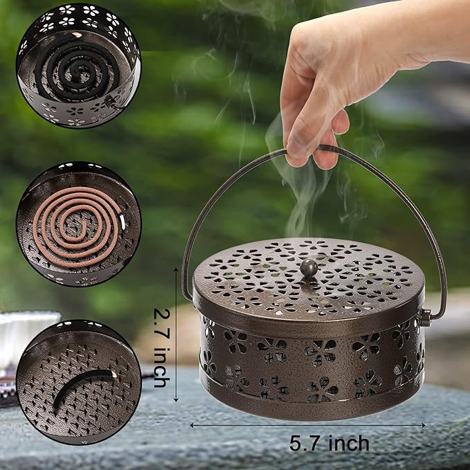 ZENFUN 2 Pack Iron Coil Holders with Lid and Handle, Bronze Incense Coil Burner with Lid, Retro Portable Coil Holder for Camp Use, Indoor, Outdoor, Fireproof, 5.7 Inches Diameter