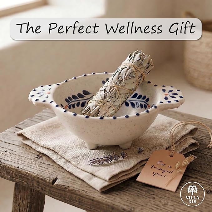 Hand-Painted Smudge Bowl, 6.5" Inch Artisanal Ceramic Incense Holder for Sage, Palo Santo, Incense & Spiritual Cleansing, Altar Decor for Meditation, Healing Rituals & Energy Clearing