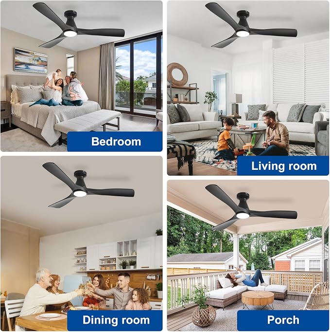 Depuley 52-Inch Ceiling Fans with Lights: Black 3 Blade Flush Mount Low Profile Ceiling Fan for Bedroom - Dimmable Indoor Outdoor Fan with Remote Control Ultra Quiet DC Motor Timer