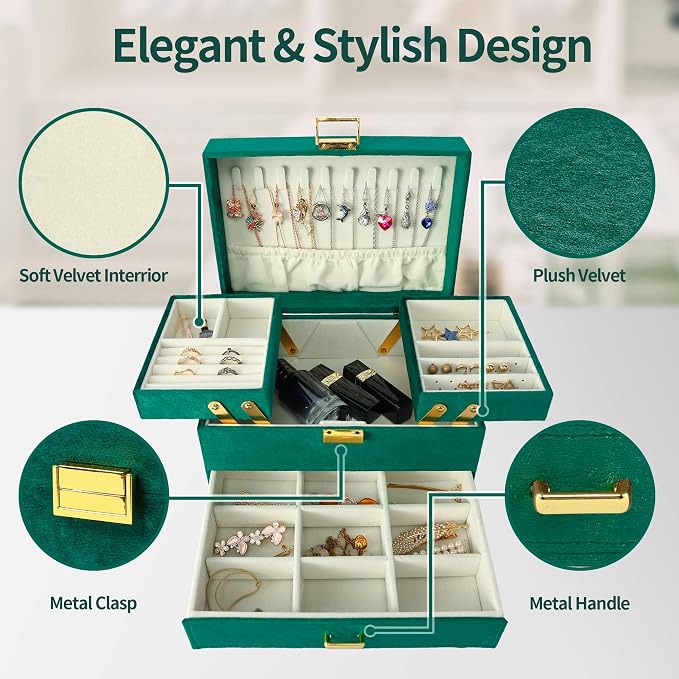 Dajasan Jewelry Organizer Box, Large Velvet Jewelry Boxes for Women Girls, Space-Saving 3 Layers Jewelry Storage Case with Drawer, Movable Metal Stand, Modern, Gift Idea (Green)