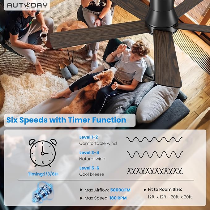 52 Inch Low Profile Ceiling Fan with Light, Black Flush Mount Ceiling Fans with Lights and Remote, 6 Speeds Reversible Quiet DC, 3CCT Dimmable, Indoor Outdoor Ceiling Fans for Patios Bedroom