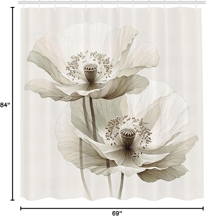 Ambesonne Neutral Shower Curtain, Poppy Flowers in Muted Colors Bloom of Nature Simple and Pure, Cloth Fabric Bathroom Decor Set with Hooks, 69" W x 84" L, Off White and Dark Eggshell