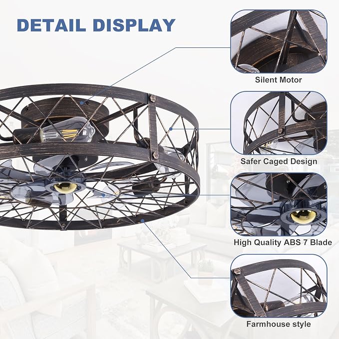 24" Farmhouse Flush Mount Caged Ceiling Fans with Lights, Rustic Low Profile Ceiling Fan with Light and Remote, Reversible DC Motor Bladeless Enclosed Ceiling Fan for Bedroom Laundry Room Kitchen